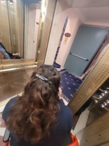 Exiting the elevator at Hotel Andreola